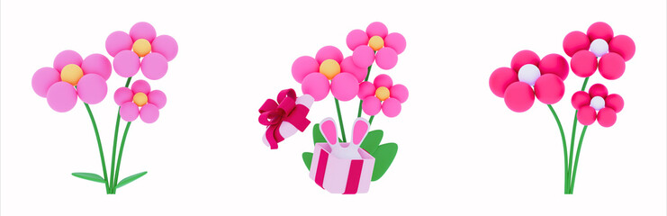 3D Easter Gift Bunny and Flower Set – Realistic Spring Elements for Holiday Cards, Decorations and Social Media Designs - 1