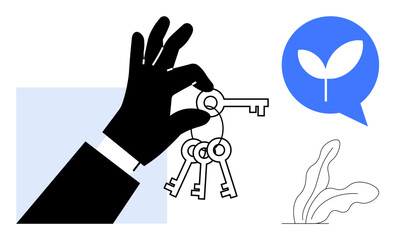 Black hand holding three keys, blue chat bubble with leaf symbol, minimal plant illustration. Ideal for real estate, opportunity, growth, direction, sustainability leadership and innovation. Simple