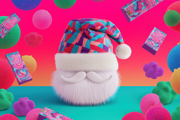 Playful Maximalist Poster: Santa Hat & Fluffy Beard Surrounded by Quirky 90s Ornaments on Candy-Toned Gradient