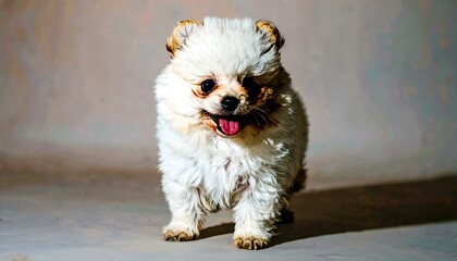 Fluffy, playful Pomeranian puppy, light cream color with hints of tan, standing against a muted backdrop