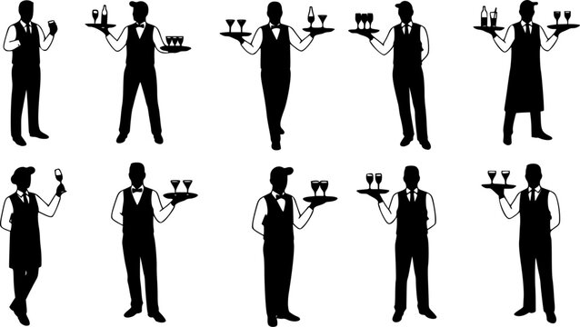 set of Hurry Crew of Waiters Holding Trays with Drinks Silhouettes. Vector Illustration of Restaurant Staff Serving Wine, Cocktails and Beverages to Guests