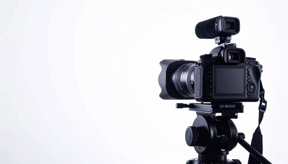 カメラ 三脚 マイク 撮影 映像 ビデオ 記録 配信 放送 クリエイター ユーチューバー 機材 スタジオ 白背景 プロフェッショナル テクノロジー レンズ 録画