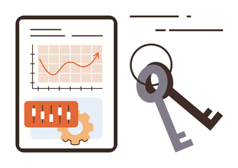 Chart with upward graph, gear, sliders for optimization, and two keys for access or security. Ideal for business growth, security, technology, finance strategy analytics teamwork. Simple flat