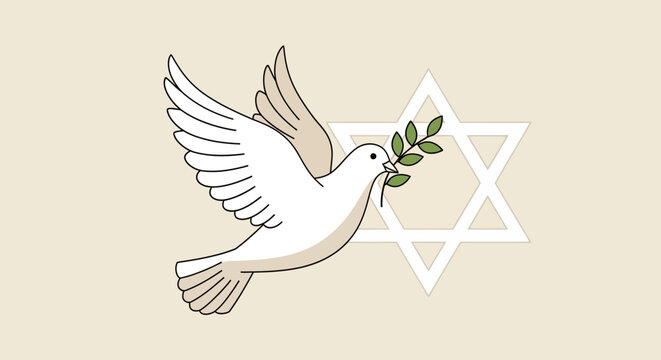 White dove carrying olive branch, flying near Star of David, peace symbol.