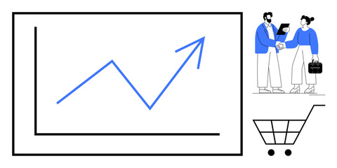 Line chart with upward trend, professional handshake, and shopping cart emphasize growth, partnerships, and commerce. Ideal for business strategy, sales, marketing, teamwork progress success