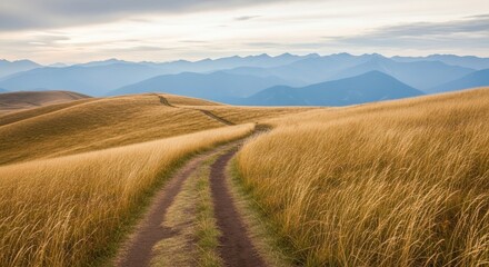 Obraz premium Scenic Mountain Landscape with Dirt Road and Golden Grass