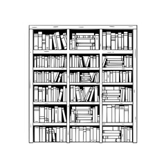 Minimilist illustration of a bookshelf filled with books in a black and white line drawing style, lots of books visible vector © MuhammadNajafAli