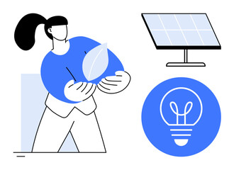 Woman holding a leaf representing eco-consciousness, alongside solar panel and light bulb icons promoting sustainability. Ideal for renewable energy, eco-friendly solutions, environment awareness