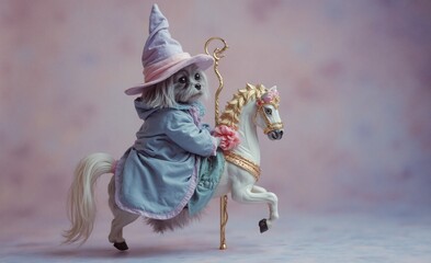 Obraz premium A whimsical scene features a small dog dressed as a wizard riding a carousel horse adorned with a pink flower, set against a dreamy, pastel-colored background.