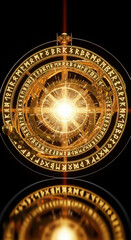 Obraz premium Golden circular artifact with glowing center, surrounded by intricate runic symbols, emits mystical light, reflecting on black surface, evoking ancient magical energy and mystery