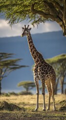 Obraz premium A magnificent giraffe stands tall beneath a shady acacia tree in a sun-drenched savanna landscape.