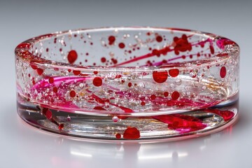 Clear resin bowl with red and pink swirls and dots