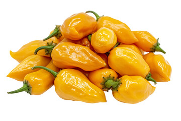 A vibrant pile of yellow habanero peppers is presented against a transparent backdrop, each pepper showcasing its unique shape and texture in a close-up view, PNG