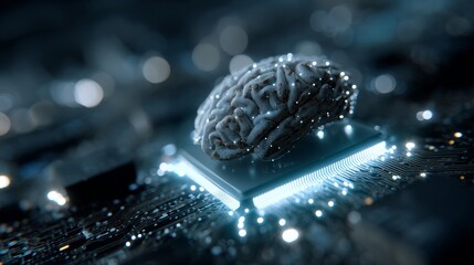 Harmony of human mind and machine in a futuristic landscape. Digital control. Brain synced with tech: data streams and detailed boards in futuristic art. Cyber metrics. Glowing dashboards.