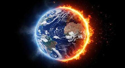 Earth planet fire climate global environment heat atmosphere space dramatic scene. image shows Earth with one side engulfed in flames symbolizing global warming and environmental crisis