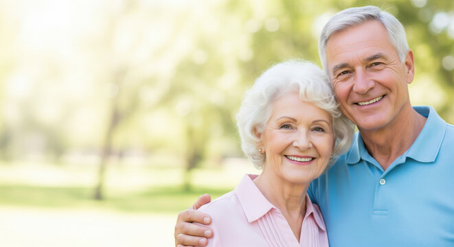 Happy senior couple smiling outdoors, embracing in sunny park, showing affection and contentment, with green trees and soft natural light in background - Powered by Adobe