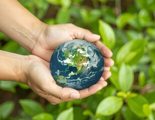 Hands holding Earth, lush green background