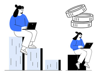 Woman sitting on bar graph with laptop, analyzing growth and data. Stacked coins suggest finance, income, investment. Ideal for business, analytics, growth, finance technology strategy motivation