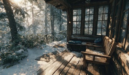 Snowy cabin porch, sunbeams through trees