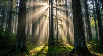 Fototapeta premium Sunlight Streaming Through Forest Trees - Nature Landscape