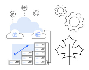 Cloud storage linked to icons of security, global networks. Scalability server racks with growth arrow, gears for management, leaf for sustainability. Ideal for technology, IT, growth, security