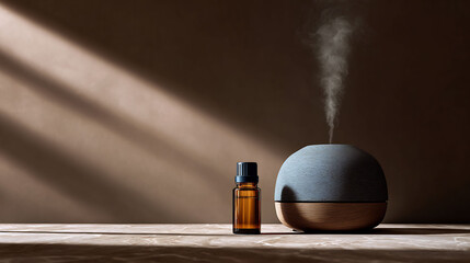 Minimalist wellness diffuser with essential oils on marble, luxury spa skincare design