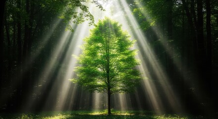 Fototapeta premium Sunlit Tree in Forest, Dramatic Light Rays