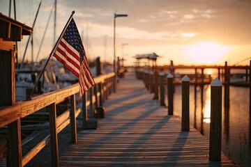 Sunrise on a wooden dock with an American flag
