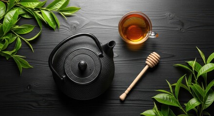 Fototapeta premium Tea Time: Japanese Cast Iron Teapot with Tea Cup, Tea Leaves and Honey Dipper