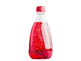 Close-up studio shot of a clear plastic bottle filled with red liquid and bubbles, isolated against a transparent background. The beverage looks fizzy and refreshing, PNG