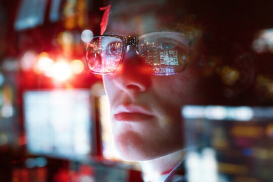 Modern workspace: a hub for ai innovation and intellectual pursuits. Performance metrics. Ai enthusiast engages with concepts in a stylish, well-lit office space. Market analysis. Stock trends.