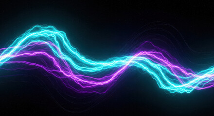 Obraz premium Electric blue and purple neon light waves flow dynamically across dark background, creating vibrant, energetic, and futuristic abstract digital art design