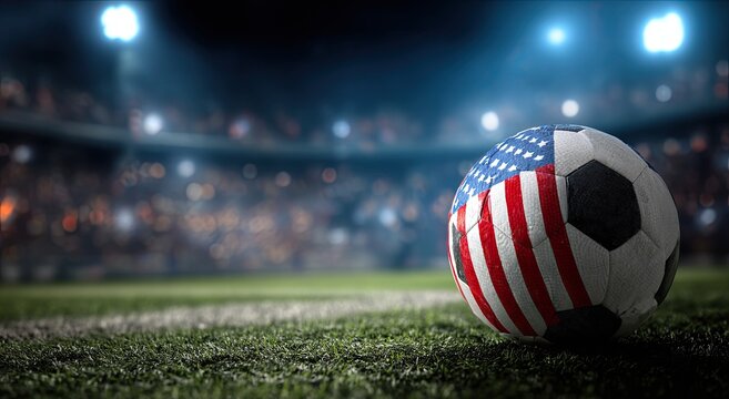 Soccer ball with American flag design on a stadium field at night