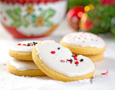Festive iced cookies on a powdered surface - Powered by Adobe