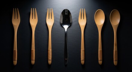 Wooden and Silver Cutlery on Black Surface