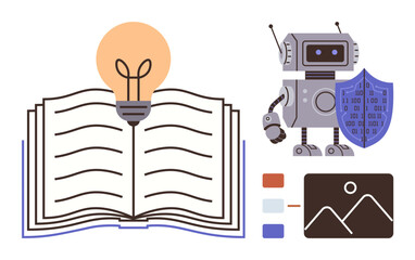 Open book with glowing lightbulb symbolizes knowledge robot with shield suggests technology and AI security charts depict data insights. Ideal for education, AI, innovation, knowledge, science