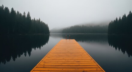 Wooden Dock on Misty Lake in Forest, Serene Landscape
