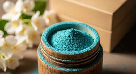 Wooden Container with Blue Powder and White Flowers