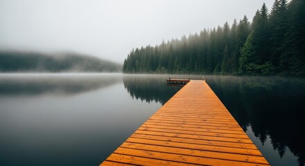 Wooden Pier on Misty Lake at Sunrise - Serene Landscape