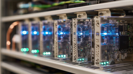 Fototapeta premium Macro view of liquid cooling system in supercomputer.