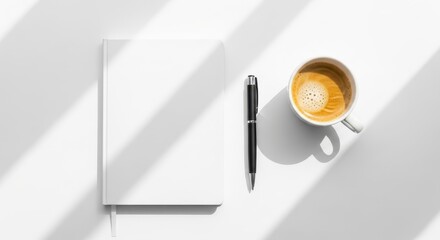 Workspace with Notebook, Pen, and Coffee Cup