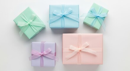 Wrapped Gift Boxes with Ribbon Bows on White Background
