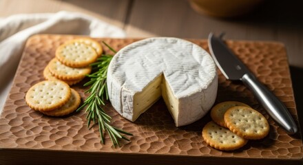 Delicious Creamy Cheese Served With Savory Crackers And Fresh Rosemary Sprigs