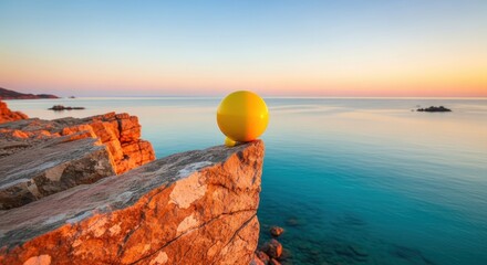 Yellow Sphere on Cliff Overlooking Ocean at Sunset