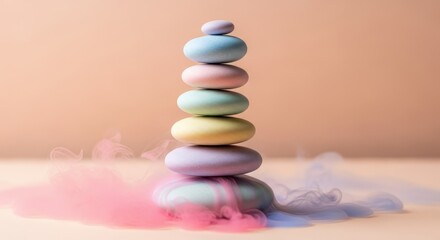 Zen Stone Stack with Colorful Smoke: Balance, Harmony, and Meditation Concept