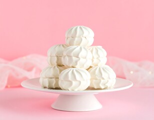 Stack of white meringue cookies on a white pedestal plate against a pink background