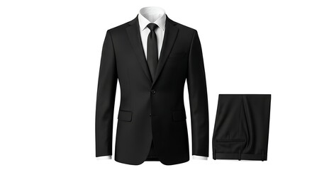 A black suit with a white shirt and black tie, displayed with matching trousers on a white background.