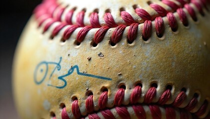 Close-up shot of colorful stitches on a worn-out baseball, highlighting the meticulous craftsmanship and the game's history , background, white