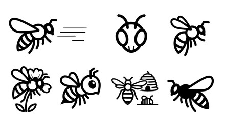 A vector graphic collection of bee icons. Simple line art honeybee symbols for nature logos