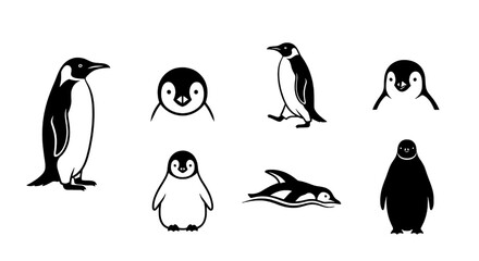 Obraz premium Stylized black and white penguin vector illustrations depicting various poses and ages for arctic-themed designs